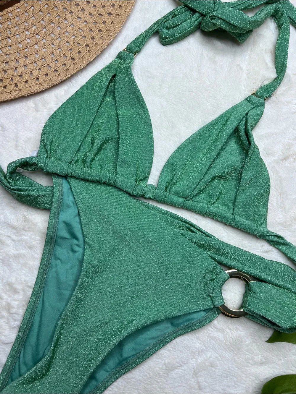 Monday Swimwear Bikini Set V XL Metallic Green Shimmer Triangle Top Ring Bottom